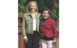 MP Sophie Chatel (Pontiac Kitigan Zibi) and Senator Rosa Galvez are symbolically standing on the bridge spanning Chelsea Creek which is the trailhead to Gatineau Park’s Sugarbush Trail.  Photo Credit: © 2025 Katharine Fletcher.