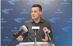 Edmond Leclerc, Buckingham District councillor, answers questions from the media during a press scrum. (August 20, 2025). Photo: Screenshot
