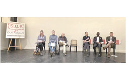 At a November 10 press conference in Gatineau hosted by SOS Outaouais, Dr. Isabelle Gagnon, Dr. Cyril Barthélémy-Ducharme, Dr. Mustapha Chelfi, Dr. Trevor Hennessey, Dr. Lionel-Ange Poungui, Dr. Éric Bégin and spokesperson Jean Pigeon spoke out about the worsening health-care crisis in the Outaouais following the adoption of Bill 2. Photo: Tashi Farmilo